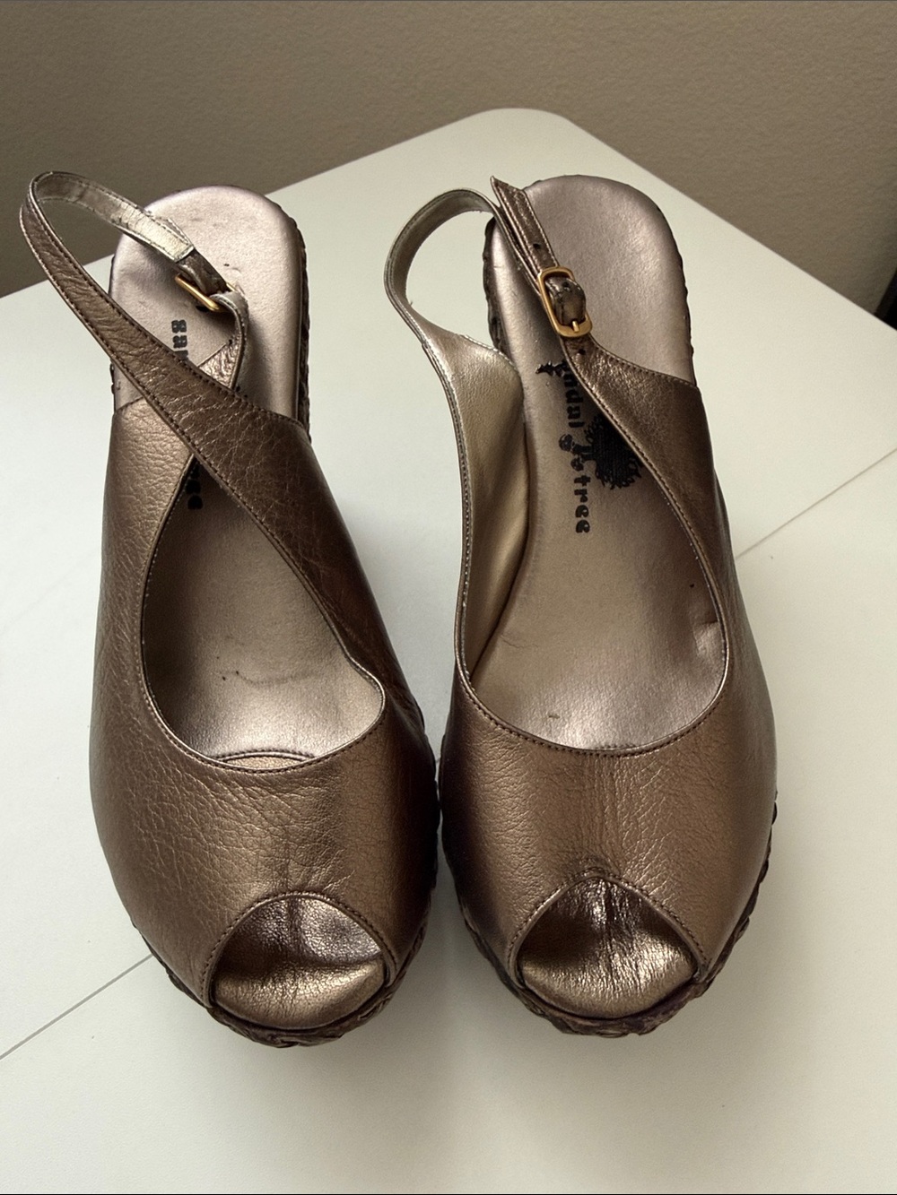 Peep-Toe Slingback Wedges in Metallic Bronze